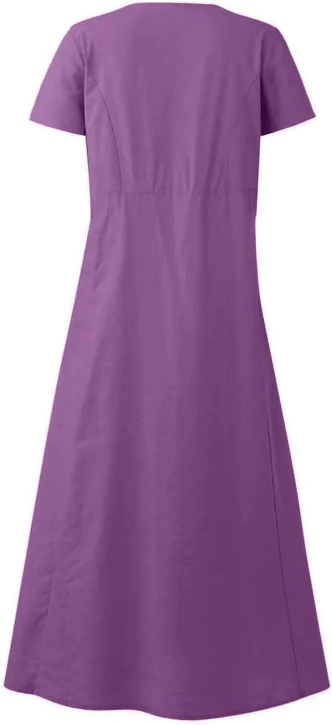 Swing Dresses for Women 2025 Summer Casual Short Sleeve Cotton Linen Dress Loose Ruffle Flowy Maxi Dress with Pockets