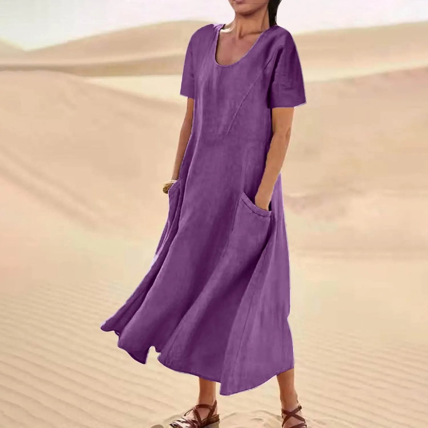 Swing Dresses for Women 2025 Summer Casual Short Sleeve Cotton Linen Dress Loose Ruffle Flowy Maxi Dress with Pockets