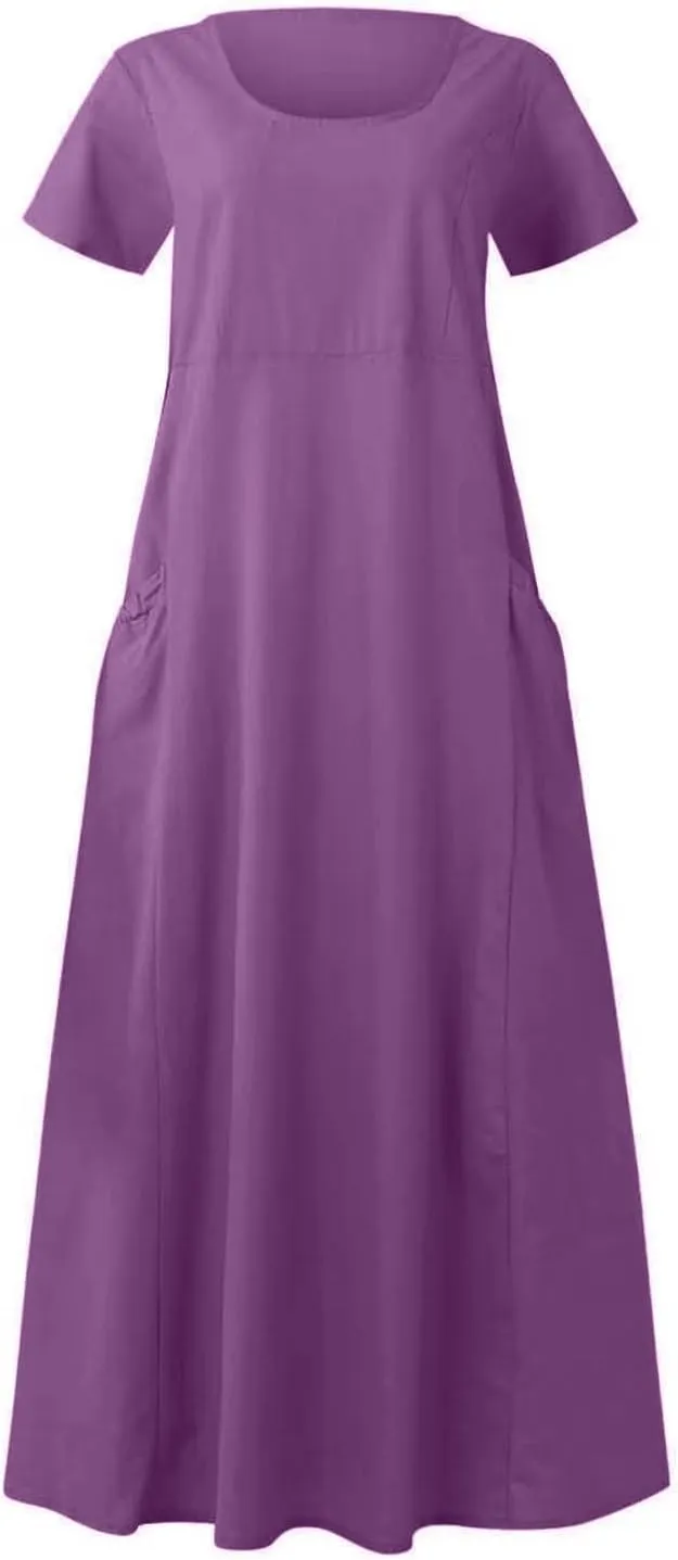 Swing Dresses for Women 2025 Summer Casual Short Sleeve Cotton Linen Dress Loose Ruffle Flowy Maxi Dress with Pockets