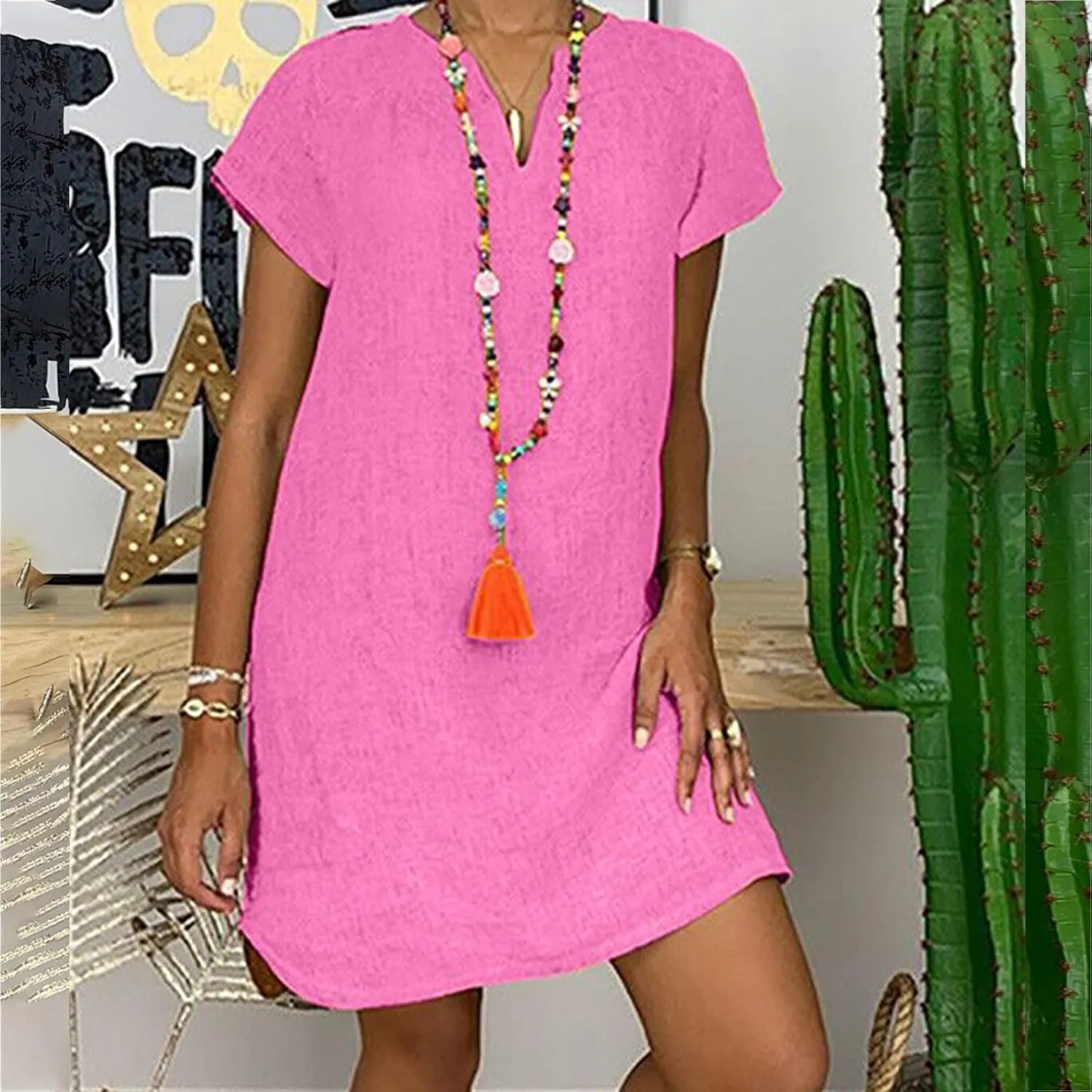 t Shirt Dresses for Women 2024 Cotton Linen Loose fit Knee Length Dresses Plus Size Short Sleeve Cover up Dresses