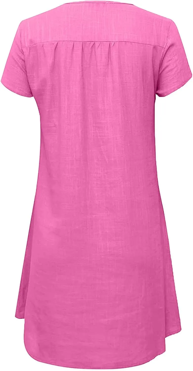 t Shirt Dresses for Women 2024 Cotton Linen Loose fit Knee Length Dresses Plus Size Short Sleeve Cover up Dresses