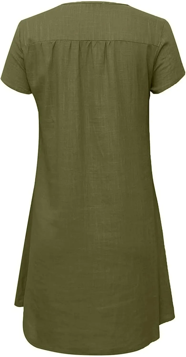 t Shirt Dresses for Women 2024 Cotton Linen Loose fit Knee Length Dresses Plus Size Short Sleeve Cover up Dresses