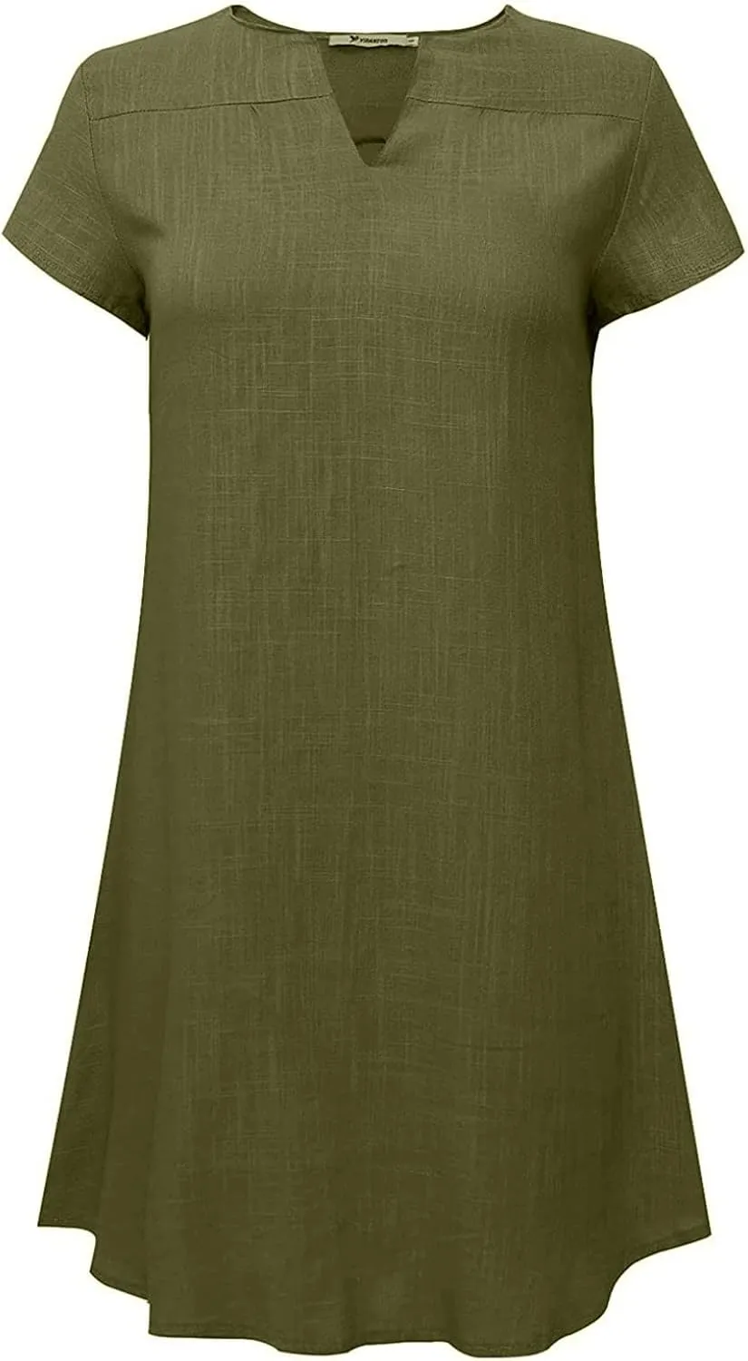 t Shirt Dresses for Women 2024 Cotton Linen Loose fit Knee Length Dresses Plus Size Short Sleeve Cover up Dresses