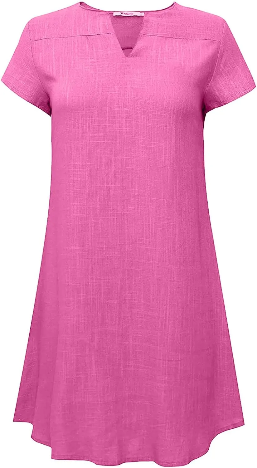 t Shirt Dresses for Women 2024 Cotton Linen Loose fit Knee Length Dresses Plus Size Short Sleeve Cover up Dresses