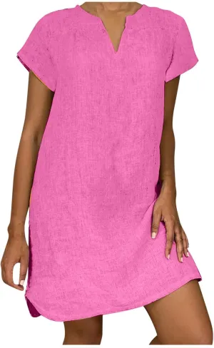 t Shirt Dresses for Women 2024 Cotton Linen Loose fit Knee Length Dresses Plus Size Short Sleeve Cover up Dresses