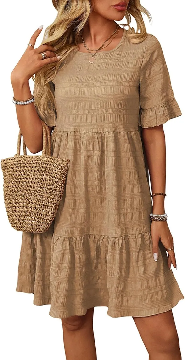 TANGNADE Womens Summer Dresses Beach Casual Loose Tshirt Ruffle Short Sleeve Flowy Cute Sundresses Vacation