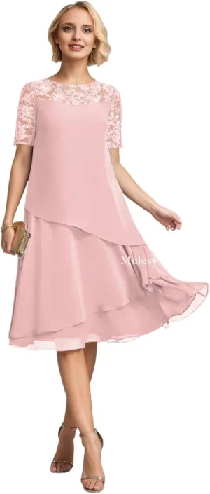 Tea Length Mother of The Bride Dresses for Wedding Lace Appliques Tiered Chiffon Formal Evening Gowns with Sleeves