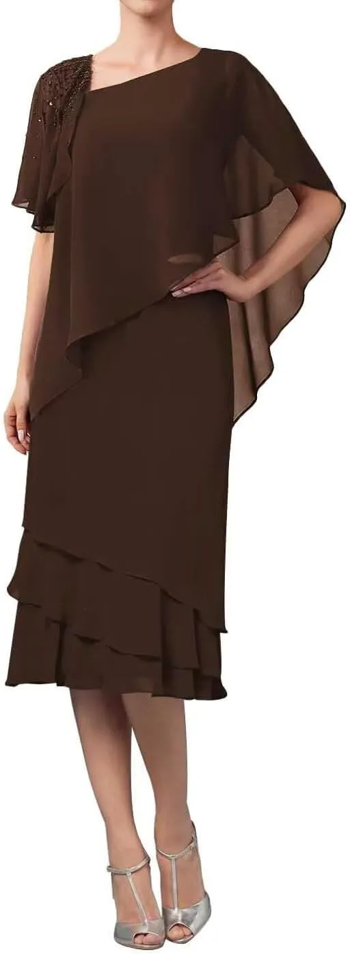 Tea Length Mother of The Bride Dresses Overlay Cape Chiffon Formal Evening Gowns Wedding Guest Cocktail Party Dress