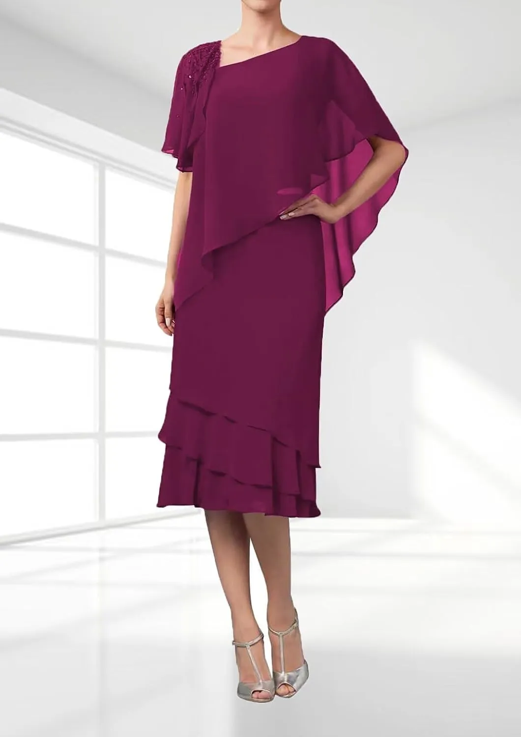 Tea Length Mother of The Bride Dresses Overlay Cape Chiffon Formal Evening Gowns Wedding Guest Cocktail Party Dress