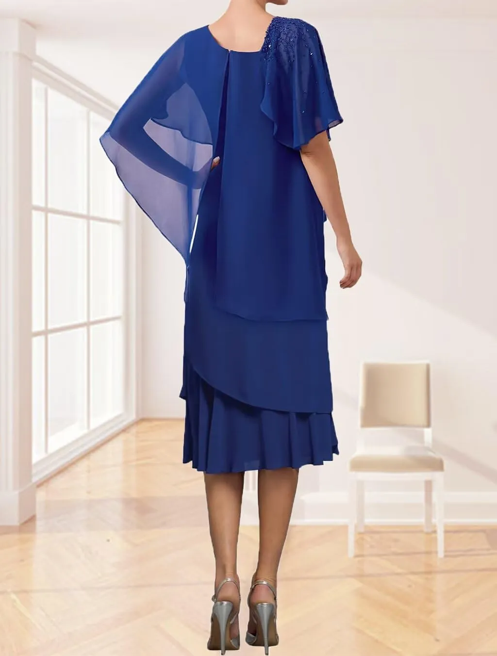 Tea Length Mother of The Bride Dresses Overlay Cape Chiffon Formal Evening Gowns Wedding Guest Cocktail Party Dress