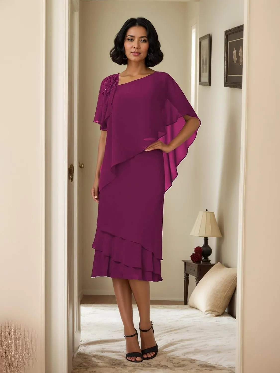 Tea Length Mother of The Bride Dresses Overlay Cape Chiffon Formal Evening Gowns Wedding Guest Cocktail Party Dress