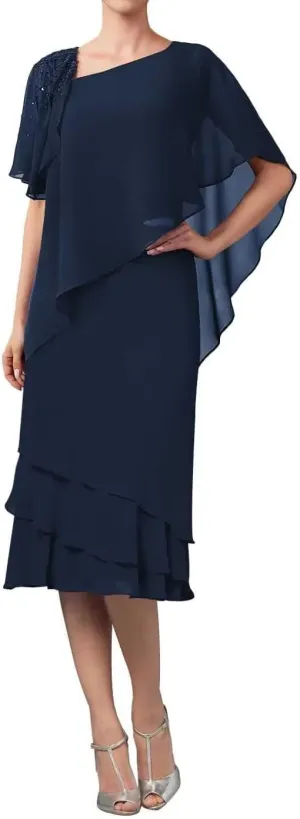 Tea Length Mother of The Bride Dresses Overlay Cape Chiffon Formal Evening Gowns Wedding Guest Cocktail Party Dress