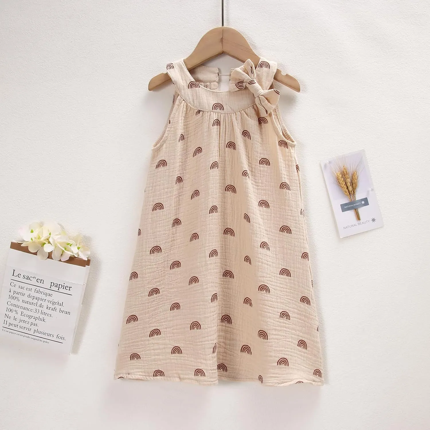 Toddler Baby Girl Cotton Linen Dress Sleeveless Bowknot Rainbow A-Line Dresses Kid Casual Beach Sundress