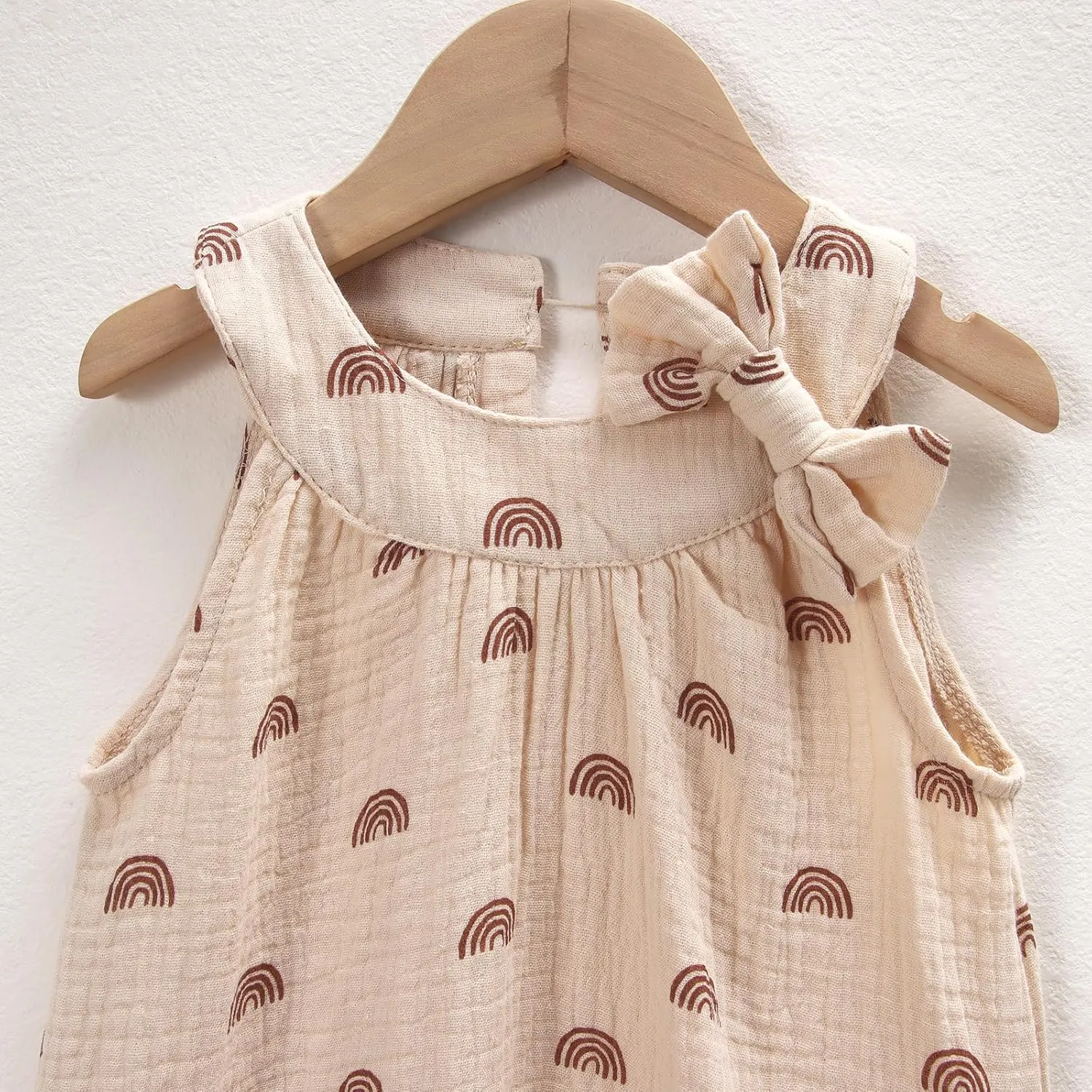 Toddler Baby Girl Cotton Linen Dress Sleeveless Bowknot Rainbow A-Line Dresses Kid Casual Beach Sundress