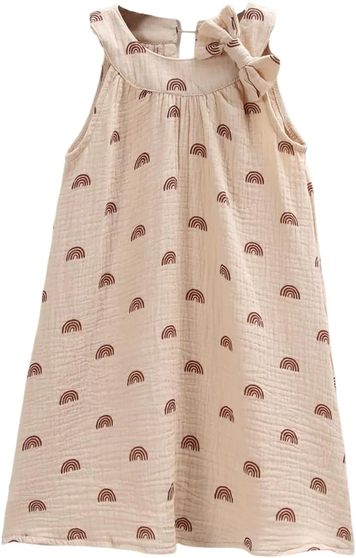 Toddler Baby Girl Cotton Linen Dress Sleeveless Bowknot Rainbow A-Line Dresses Kid Casual Beach Sundress