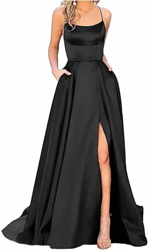 TWGONE Prom Dresses for Women 2025 Spaghetti Straps Formal Party Maxi Dress Satin Evening Gowns with Pockets
