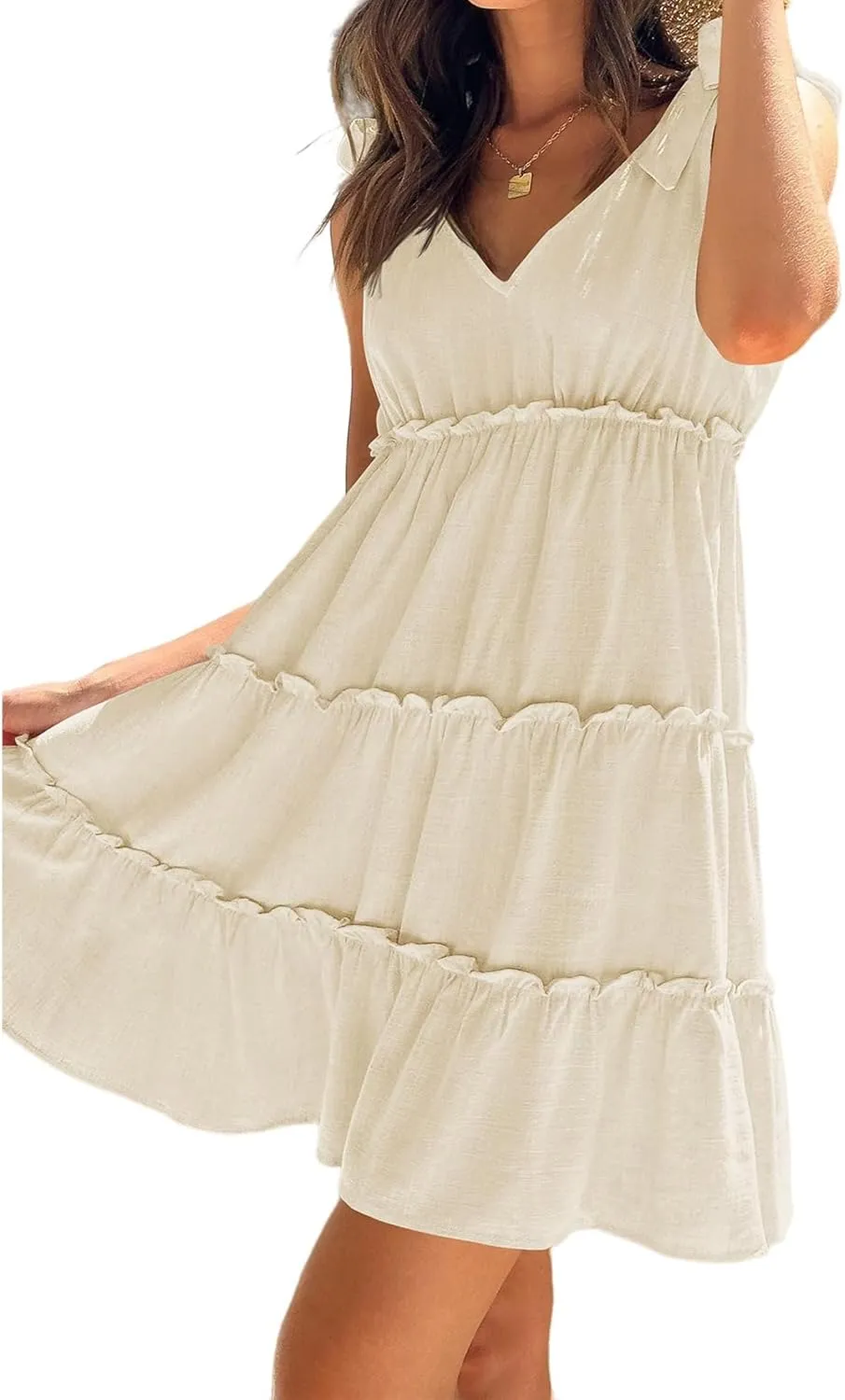 uSecee Summer Dress for Women Tie Shoulder V Neck Sleeveless Tiered Ruffle Swing A Line Short Sundresses Badydoll Mini Dress