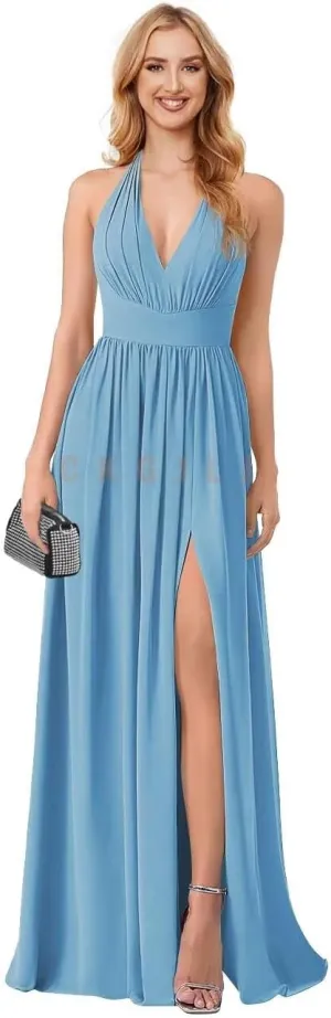 V Neck Bridesmaid Dresses Wedding Plunge Neck Sexy Formal Dress Backless Ruched Chiffon A Line Slit Evening Gown