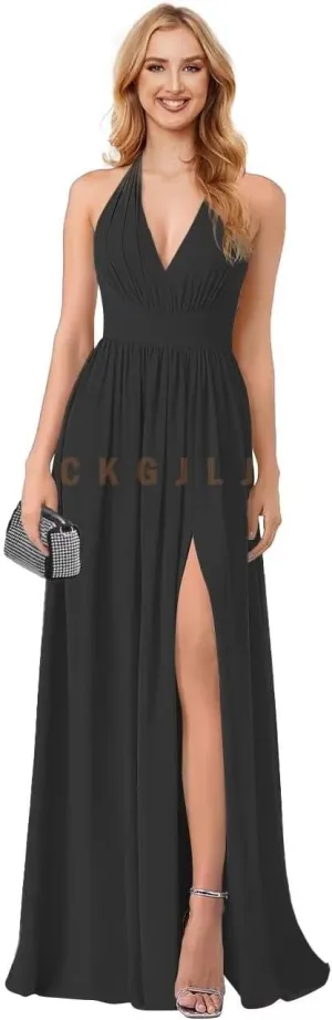 V Neck Bridesmaid Dresses Wedding Plunge Neck Sexy Formal Dress Backless Ruched Chiffon A Line Slit Evening Gown