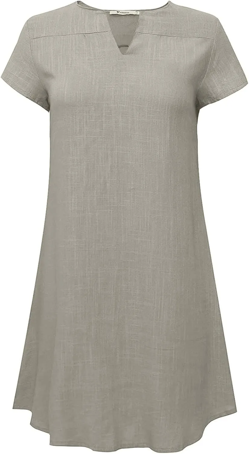 V Neck Casual Dress for Women Plain Summer Linen Mini Dresses Short Sleeve Loose Short Dress 2024 Trendy Sundress