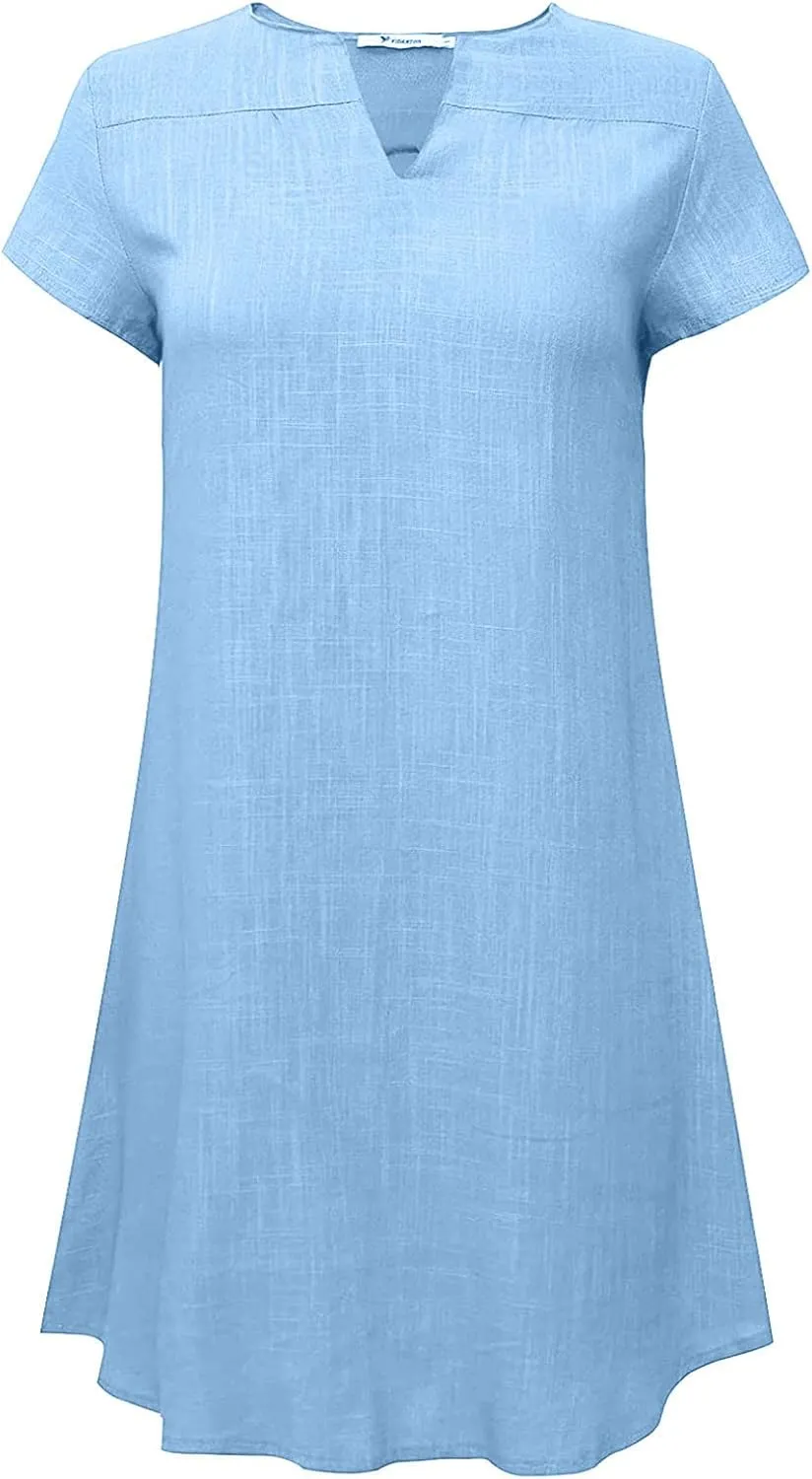 V Neck Casual Dress for Women Plain Summer Linen Mini Dresses Short Sleeve Loose Short Dress 2024 Trendy Sundress