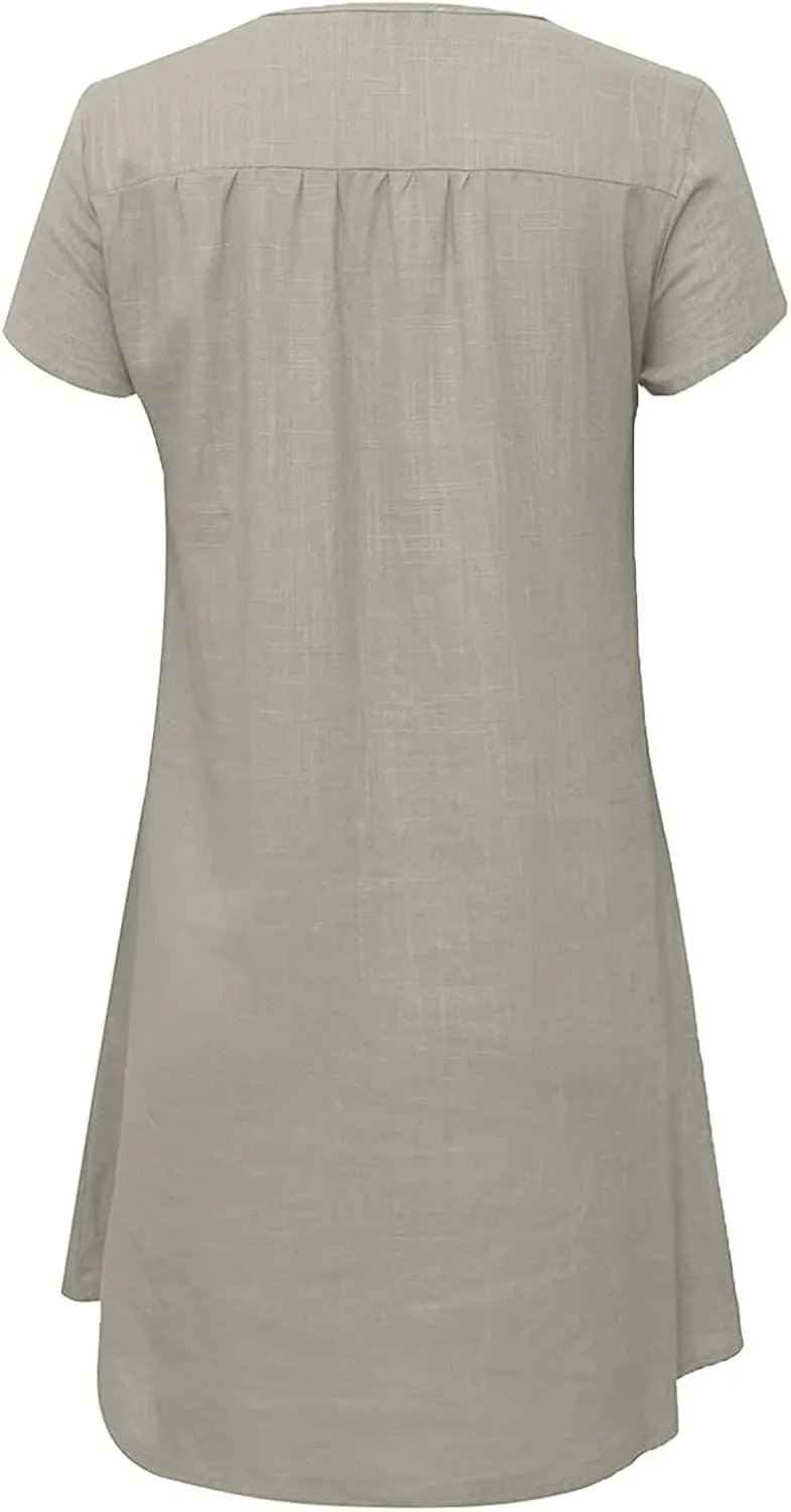 V Neck Casual Dress for Women Plain Summer Linen Mini Dresses Short Sleeve Loose Short Dress 2024 Trendy Sundress