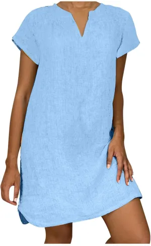 V Neck Casual Dress for Women Plain Summer Linen Mini Dresses Short Sleeve Loose Short Dress 2024 Trendy Sundress