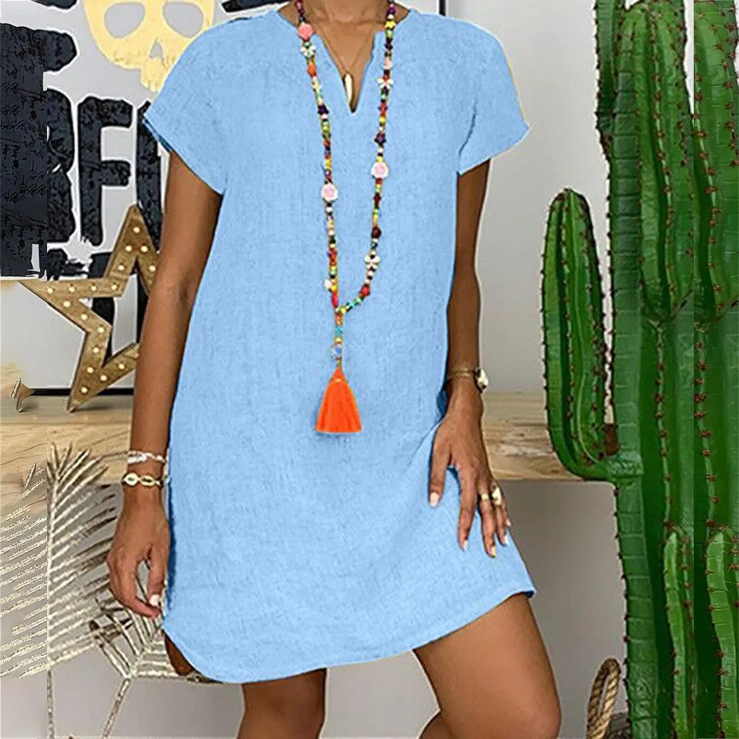 V Neck Casual Dress for Women Plain Summer Linen Mini Dresses Short Sleeve Loose Short Dress 2024 Trendy Sundress