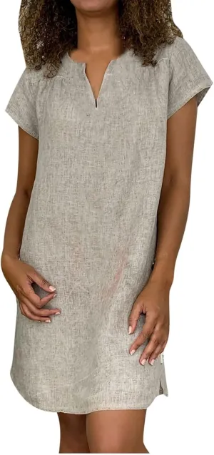 V Neck Casual Dress for Women Plain Summer Linen Mini Dresses Short Sleeve Loose Short Dress 2024 Trendy Sundress