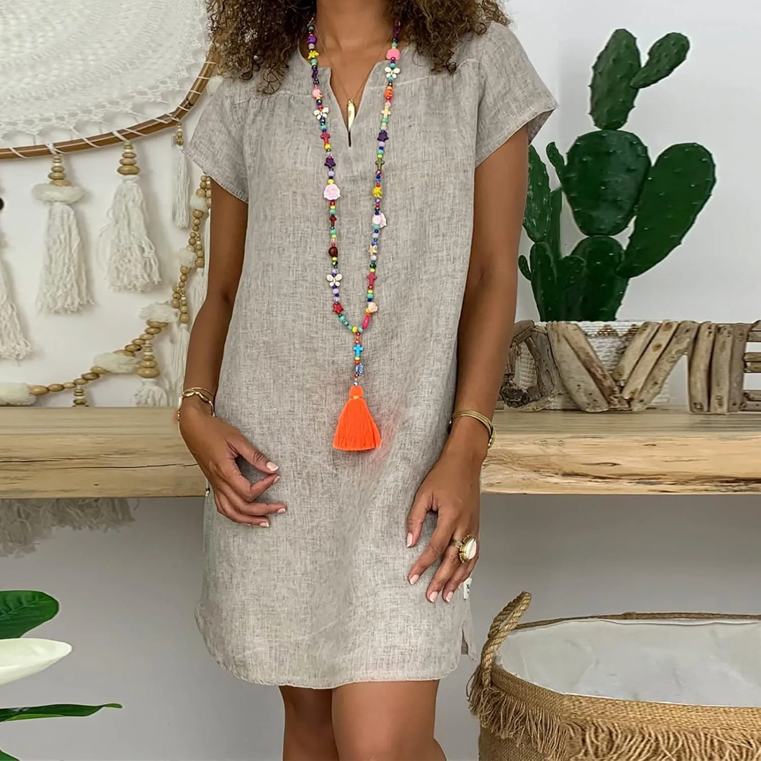 V Neck Casual Dress for Women Plain Summer Linen Mini Dresses Short Sleeve Loose Short Dress 2024 Trendy Sundress