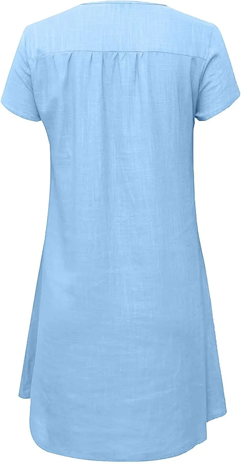 V Neck Casual Dress for Women Plain Summer Linen Mini Dresses Short Sleeve Loose Short Dress 2024 Trendy Sundress