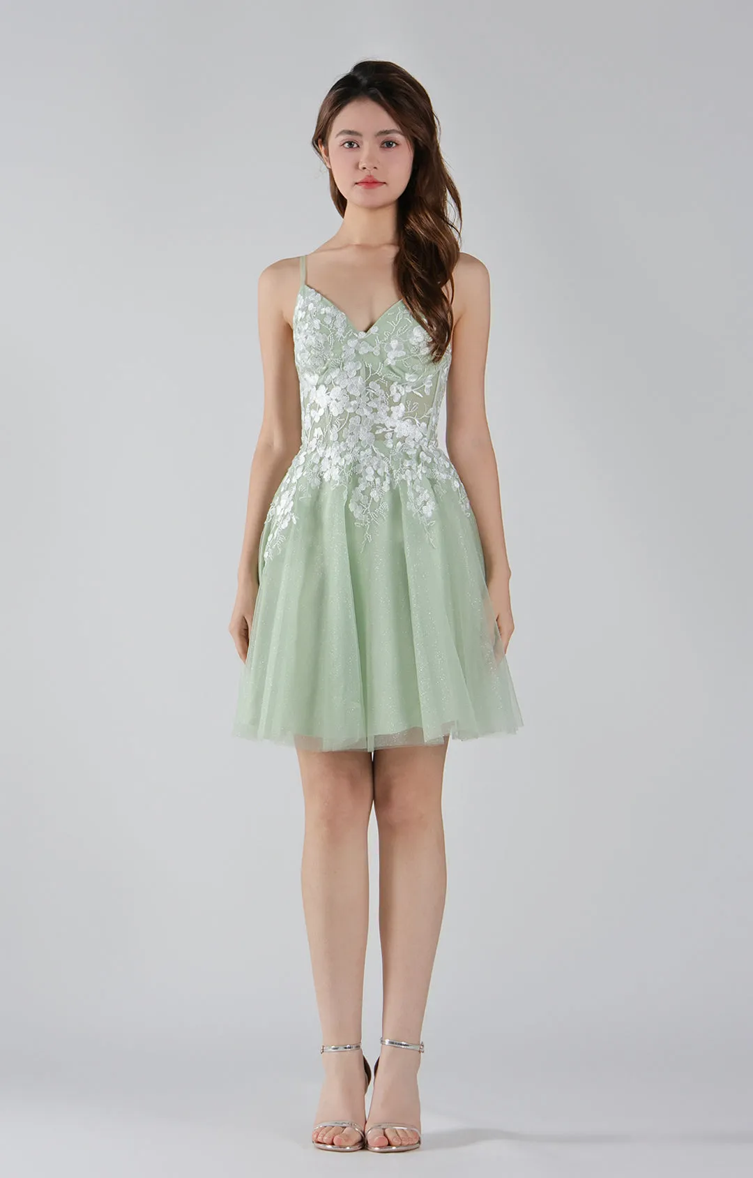 V-Neck Lace Floral Bodice Cross Straps Mini Dresses
