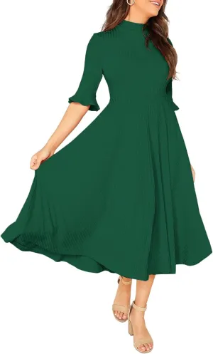 Verdusa Women's Elegant Ribbed Ruffle Half Sleeve A Line Dresses Fit and Flare Midi Dress