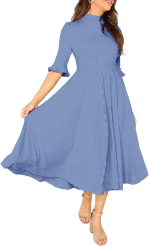 Verdusa Women's Elegant Ribbed Ruffle Half Sleeve A Line Dresses Fit and Flare Midi Dress