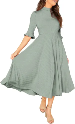 Verdusa Women's Elegant Ribbed Ruffle Half Sleeve A Line Dresses Fit and Flare Midi Dress