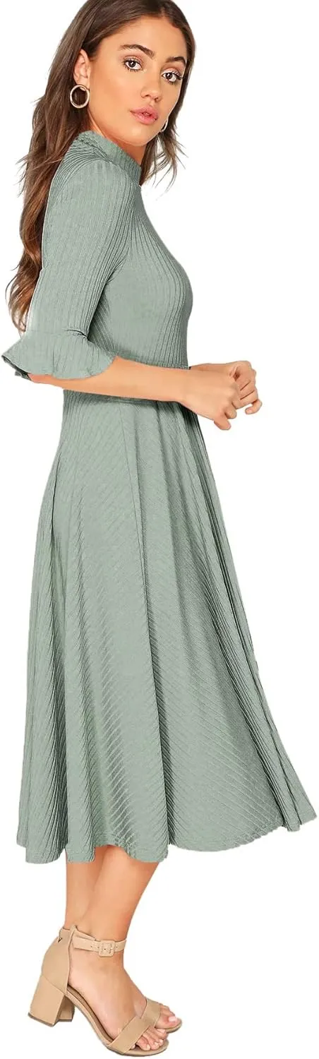 Verdusa Women's Elegant Ribbed Ruffle Half Sleeve A Line Dresses Fit and Flare Midi Dress
