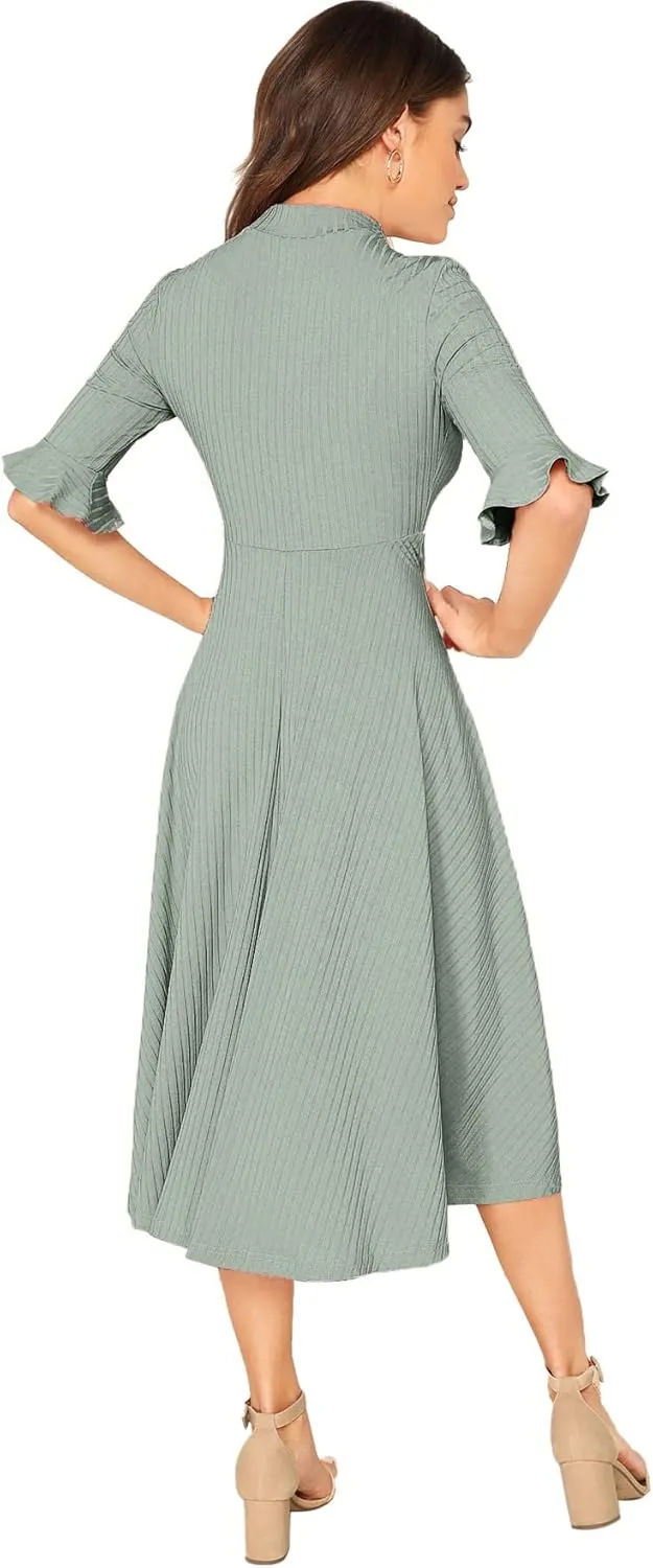 Verdusa Women's Elegant Ribbed Ruffle Half Sleeve A Line Dresses Fit and Flare Midi Dress