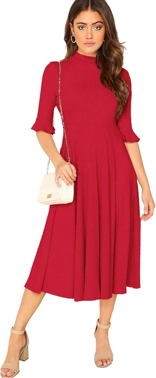 Verdusa Women's Elegant Ribbed Ruffle Half Sleeve A Line Dresses Fit and Flare Midi Dress
