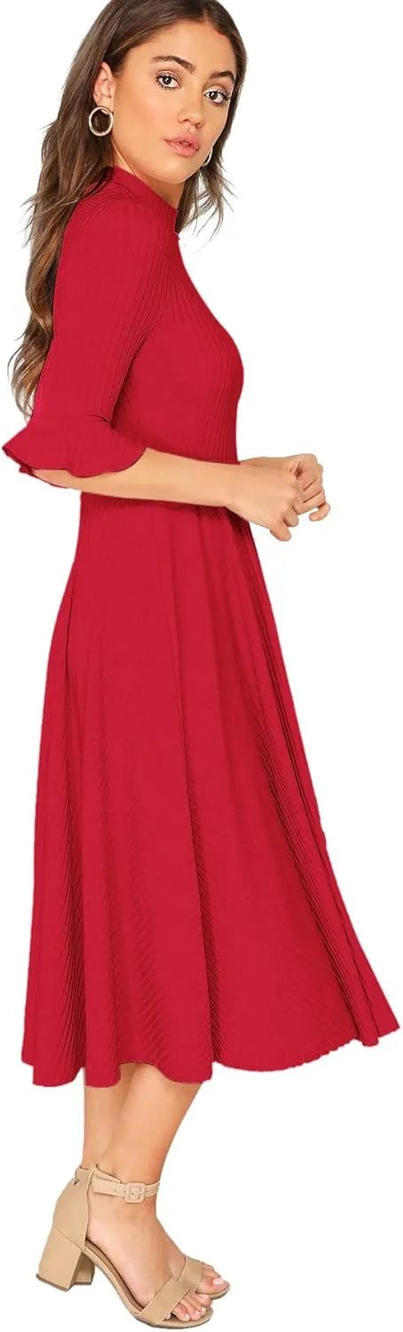 Verdusa Women's Elegant Ribbed Ruffle Half Sleeve A Line Dresses Fit and Flare Midi Dress