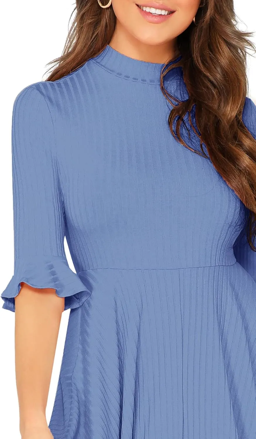Verdusa Women's Elegant Ribbed Ruffle Half Sleeve A Line Dresses Fit and Flare Midi Dress
