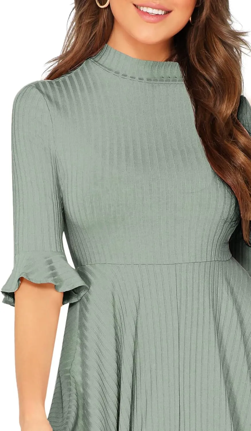 Verdusa Women's Elegant Ribbed Ruffle Half Sleeve A Line Dresses Fit and Flare Midi Dress