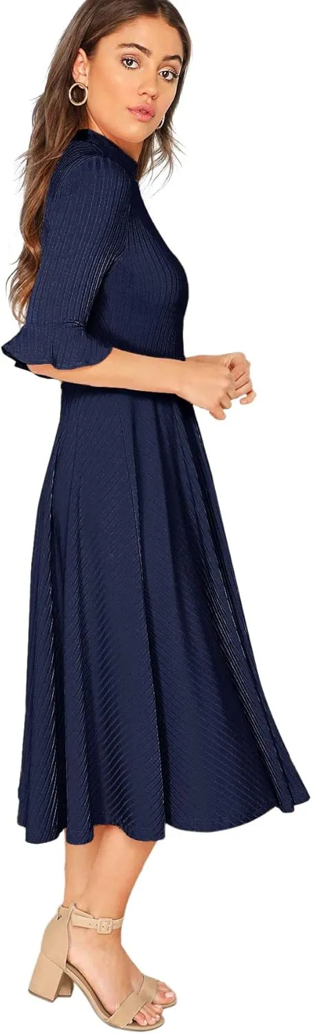 Verdusa Women's Elegant Ribbed Ruffle Half Sleeve A Line Dresses Fit and Flare Midi Dress