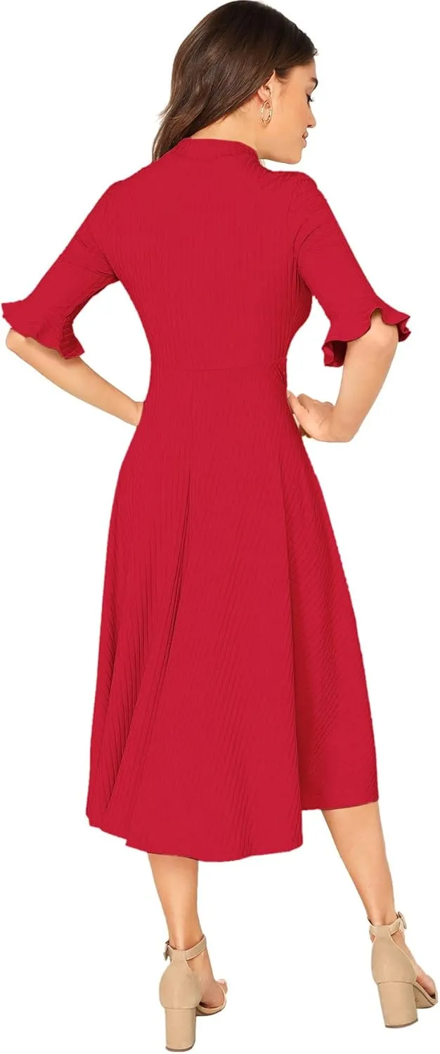 Verdusa Women's Elegant Ribbed Ruffle Half Sleeve A Line Dresses Fit and Flare Midi Dress