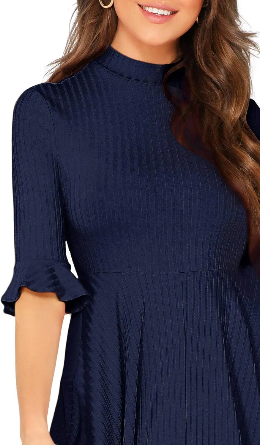 Verdusa Women's Elegant Ribbed Ruffle Half Sleeve A Line Dresses Fit and Flare Midi Dress