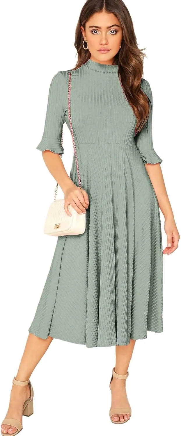 Verdusa Women's Elegant Ribbed Ruffle Half Sleeve A Line Dresses Fit and Flare Midi Dress