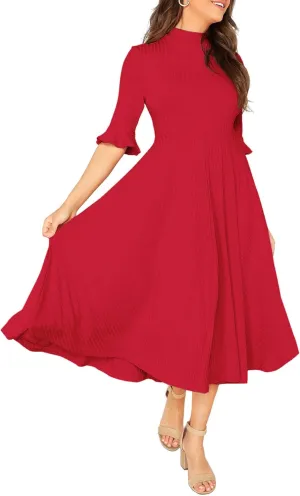 Verdusa Women's Elegant Ribbed Ruffle Half Sleeve A Line Dresses Fit and Flare Midi Dress
