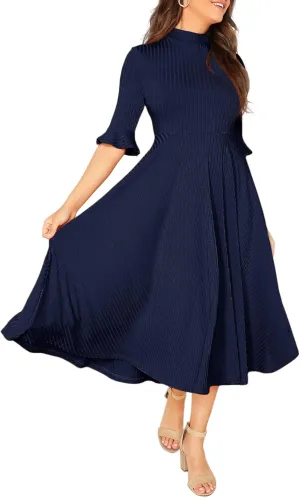 Verdusa Women's Elegant Ribbed Ruffle Half Sleeve A Line Dresses Fit and Flare Midi Dress