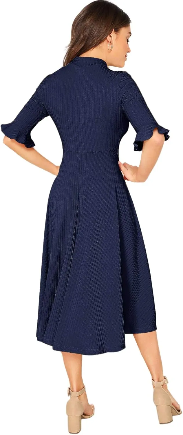 Verdusa Women's Elegant Ribbed Ruffle Half Sleeve A Line Dresses Fit and Flare Midi Dress