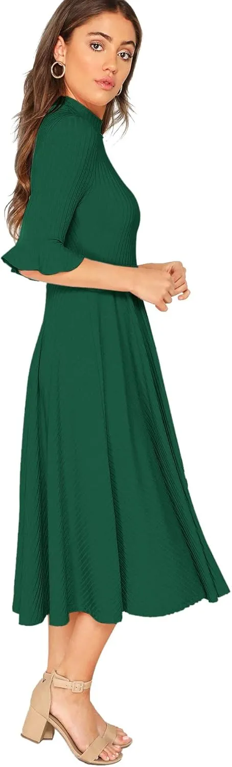Verdusa Women's Elegant Ribbed Ruffle Half Sleeve A Line Dresses Fit and Flare Midi Dress