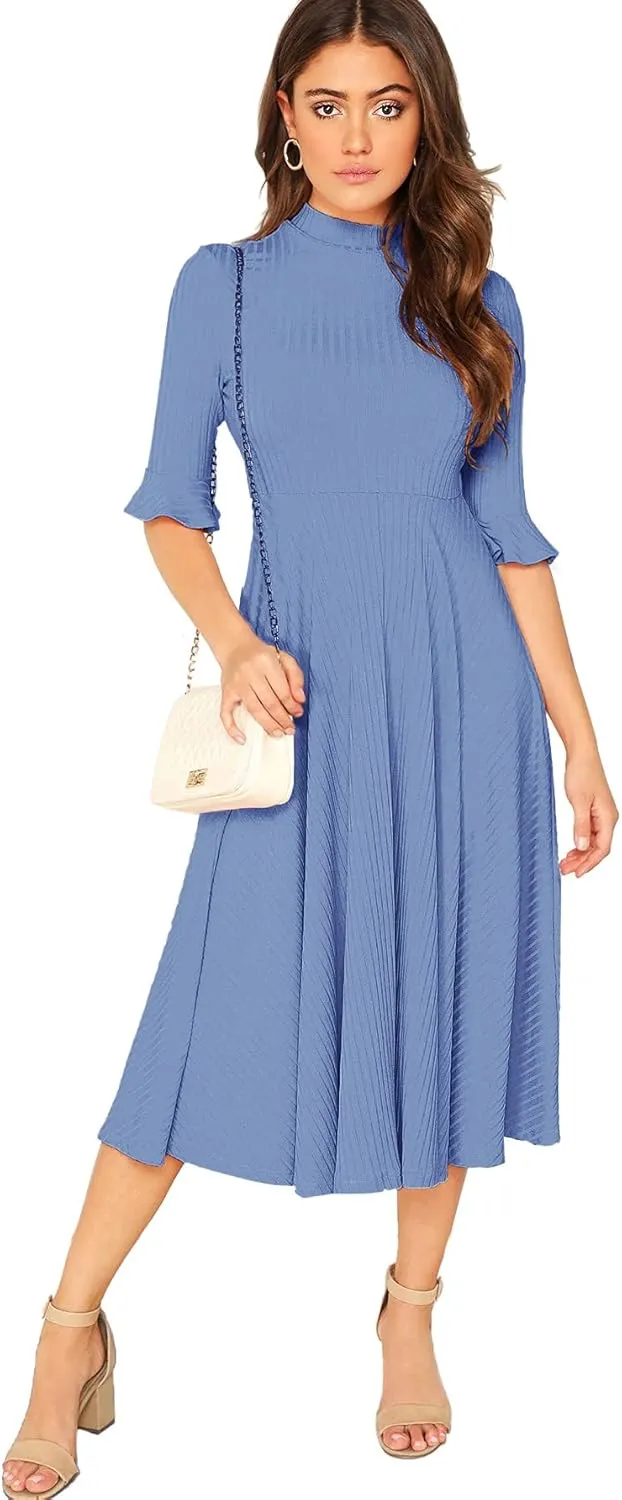 Verdusa Women's Elegant Ribbed Ruffle Half Sleeve A Line Dresses Fit and Flare Midi Dress